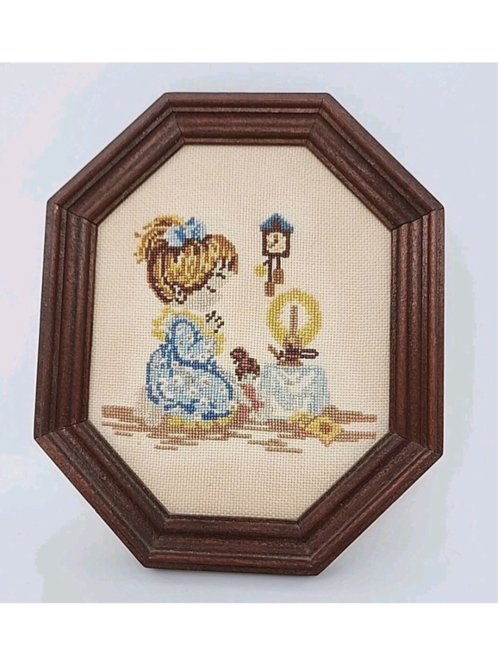Framed Small Vintage Needlepoint Crossstitched Little Girl Praying Picture 6x7
